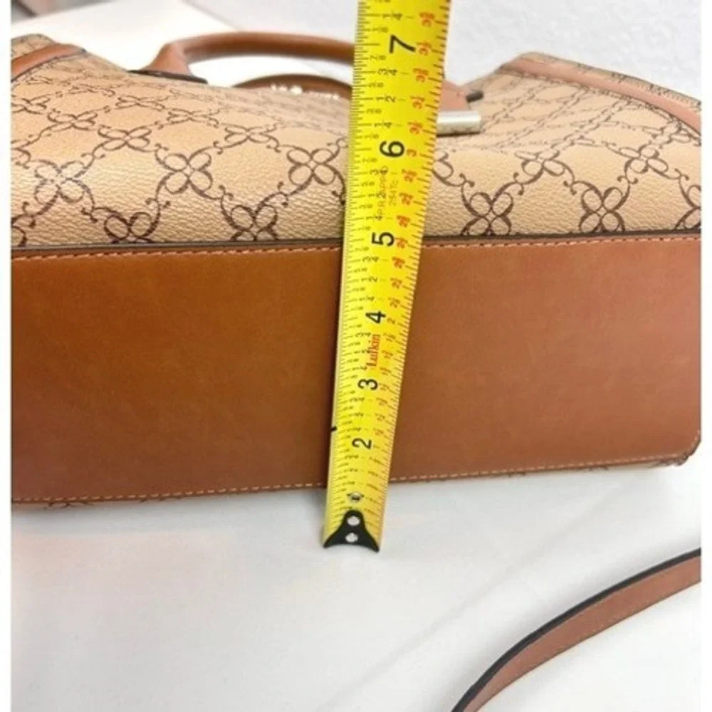 Nine West Monogram Satchel Bag Tan Brown Logo Print Crossbody Handbag